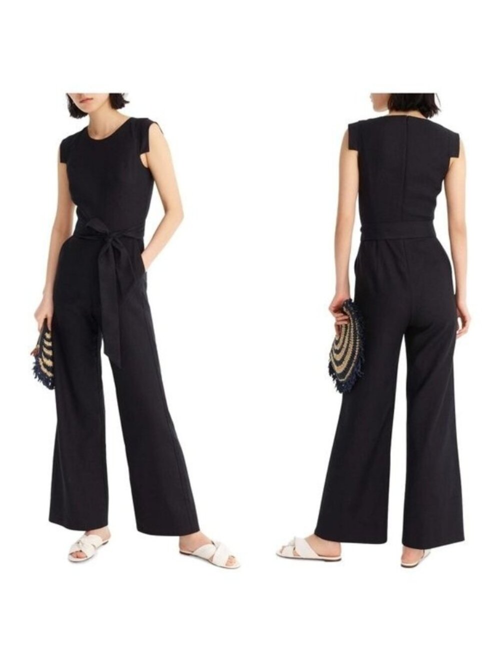 NWT J.Crew Resume Jumpsuit in Black Stretch Linen Belted Wide Leg 1-Piece 10P